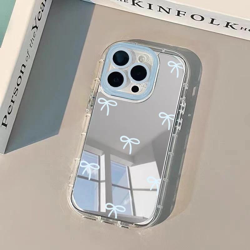 Simple Blue Pink Bow Girl Cute Makeup Mirror Phone Case For For Iphone 17 AIR 16 1 14 13 12 11 Pro MAX XR XSMAX 7 8 Plus Y2K Cover
