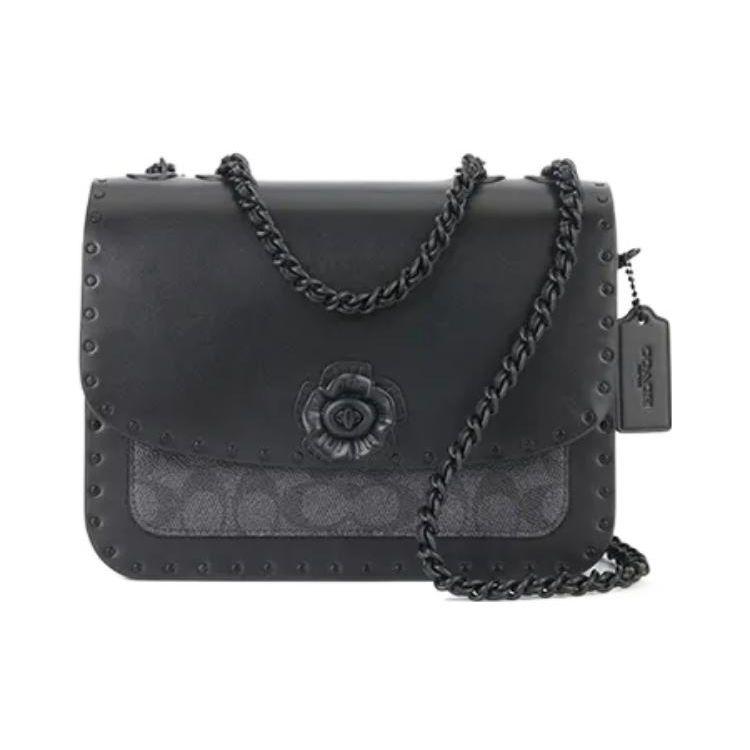Coach Madison 24 Camellia Metal Studded Flap Chain Snake Print Detail Leather Small Shoulder Crossbody Bag Medium Women bags Black C3758-MWQV8