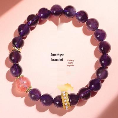 Bracelet Améthyste Auspicieuse & Quartz Fraise Vœux 2024: Cadeau luxueux Fleur de Pêcher pour Femme