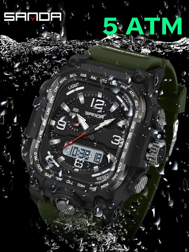 SANDA Luxury Brand Dual Display Men's Watch Luminous Waterproof TPU Soft Strap Large Dial Chronograph Calendar Sports Wristwatch