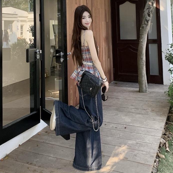 Korean retro red plaid waist suspender female summer spice girl style thin temperament vest chic shirt top