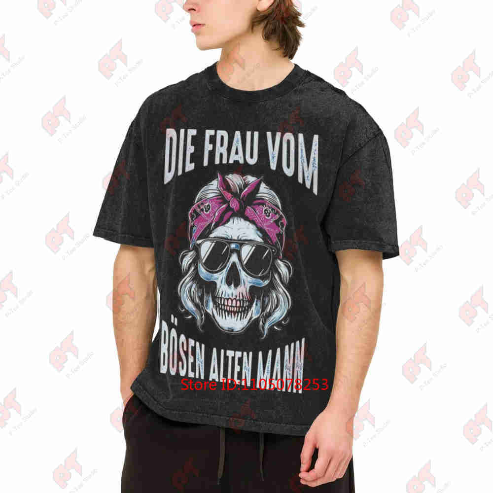 Gothic Die Frau Vom Bosen Alten Mann German Text Pink Bandana Skull Vintage Washed Tee Pure Cotton T-Shirt