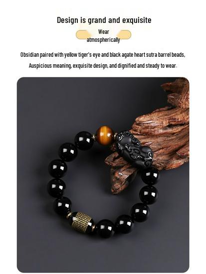 Black Gold Obsidian Pi Xiu Wealth Bracelet with Rotating Beads and Spacers for Men & Women.