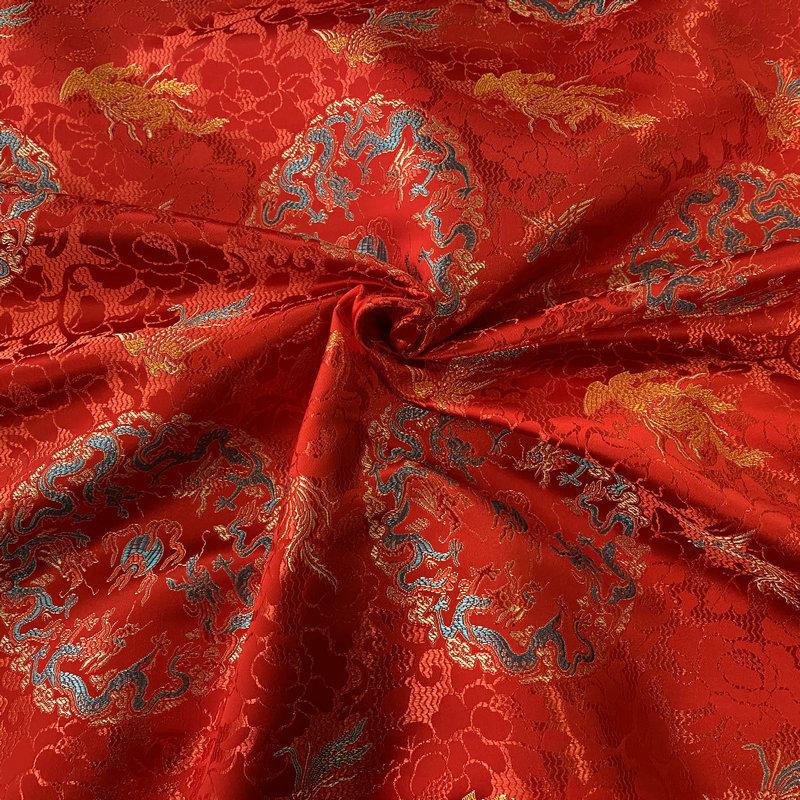 

Embroidered Brocade Dragon Phoenix Patterns Nylon Fabric Festive Red Jacquard Fabric for DIY Hanfu Cushions Throw Pillows 100cmx150cm