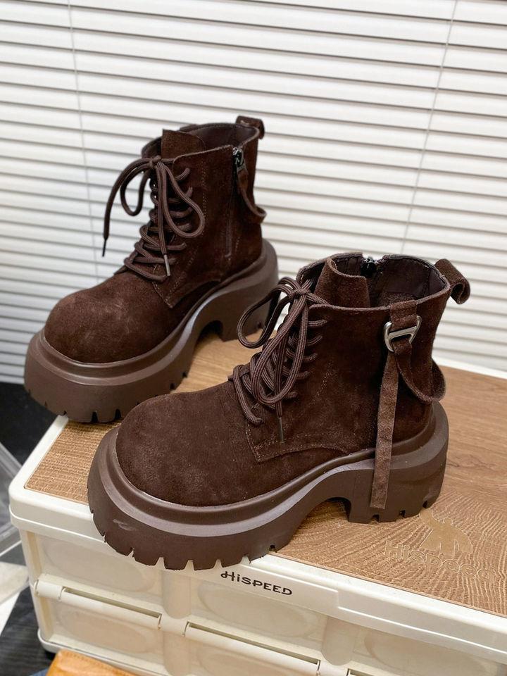 Women's Matte Leather Big Head Martin Boots,Thick Sole Motorcycle Ankle Boots for Autumn Winter