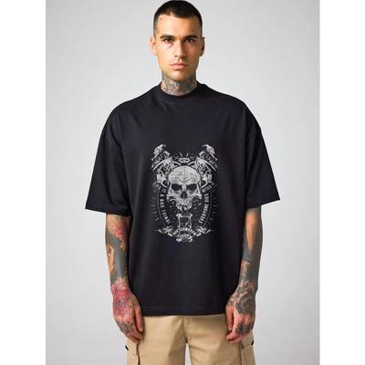 Men's Oversized T-Shirt Black Skull and Wings Graphic Print with Text Design Streetwear Casual Wear