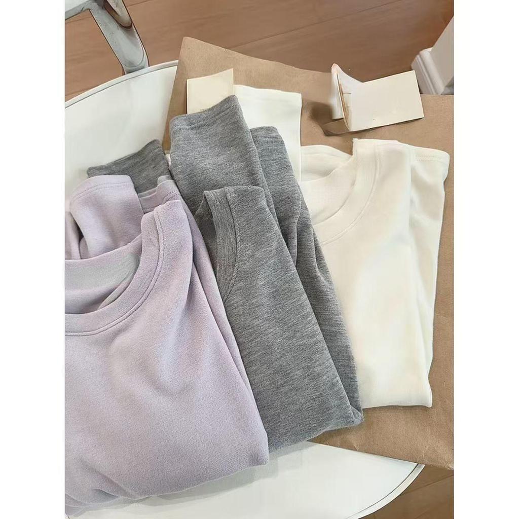 Purple French Style Brushed Long Sleeve Round Neck Women's T-Shirt - Spring/Autumn Elegant Base Layer