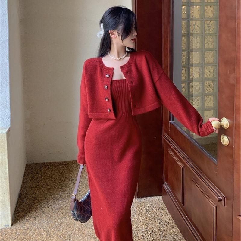 Elegant Knit Long Sleeve Top A-Line Midi Dress Set Women Slim Fit High Waist Two-Piece Outfit Pure Color Casual Chic