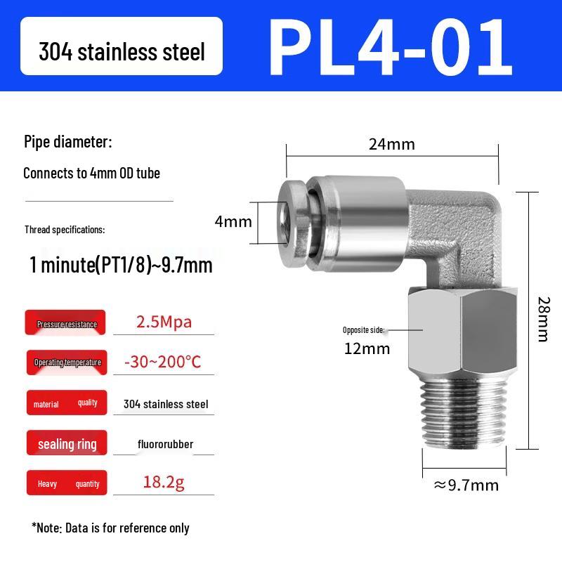 304 Stainless Steel Pneumatic Quick Push-in Connector, PC16-06/PC8-02 Swivel Elbow, PL6-M5/04