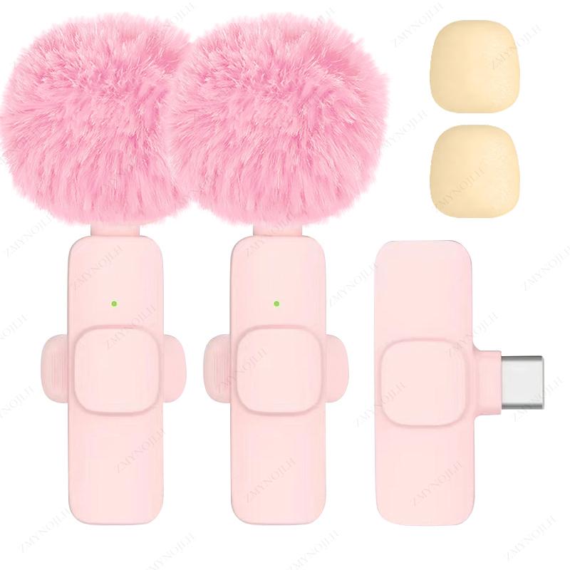 

Новый беспроводной петличный микрофон, портативный аудио- и видеозапись, мини-микрофон для iPhone, Android, ПК, камеры, игрового телефона Pink 2in1 Type-C