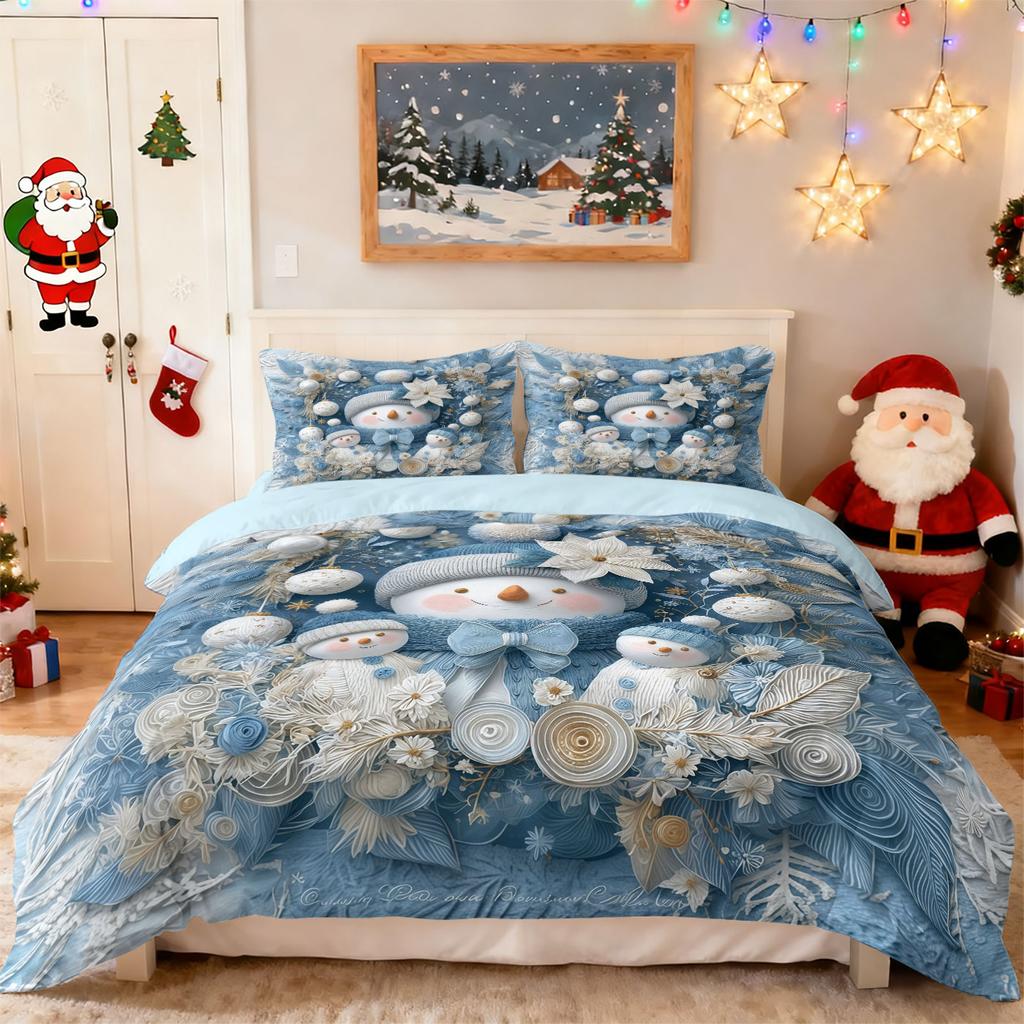 3pcs Blue Merry Christmas Cartoon Snowman Print Coreless Bedding Set Multi Size Bedding Decoration Comfortable Machine Washable