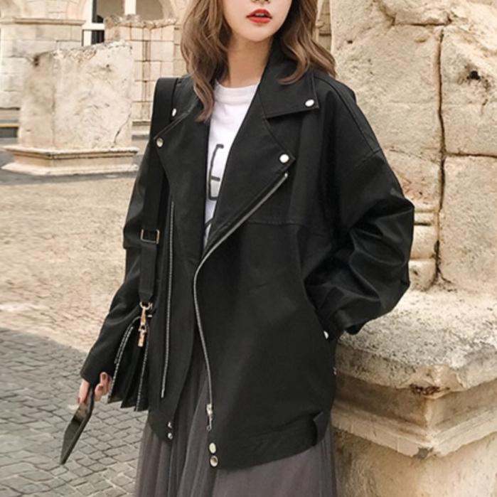 Damer Faux Läderjacka PU Lös Motorcykeljackor Kvinnlig Damer Casual Streetwear Oversized Kappa Koreansk Chic Nya Dragkedjor Jackor