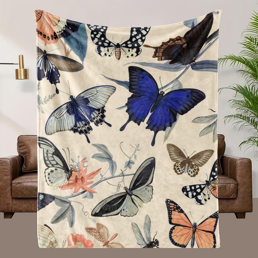 1pc Butterfly Theme Fleece Blanket - Soft & Breathable Polyester, All-Season Lightweight with Blue Orange Black White Butte
