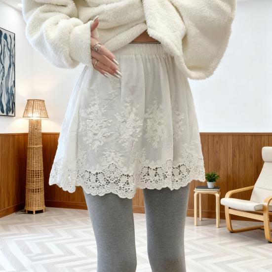 Women Shirt Extender Elastic High Waist Hollow Embroidery Lace Flower Pattern Mini Skirt Solid Color Butt Curtain Extension