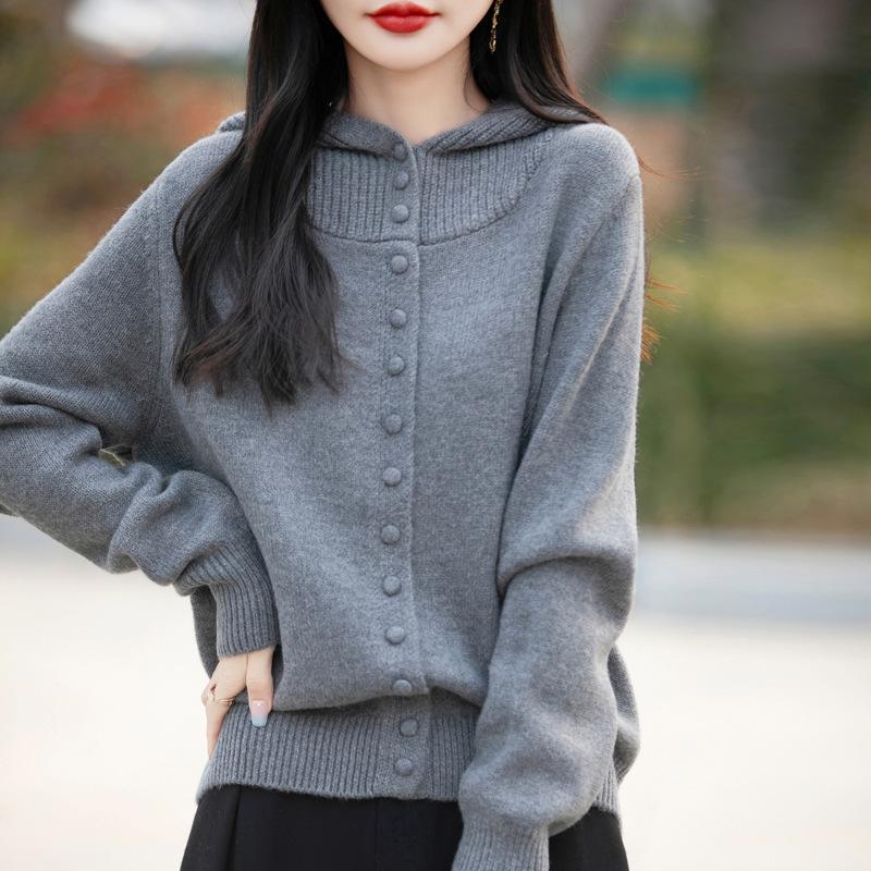 Spring New Hooded Knitted Cardigan with Buttons, Solid Color Loose and Versatile Top Coat