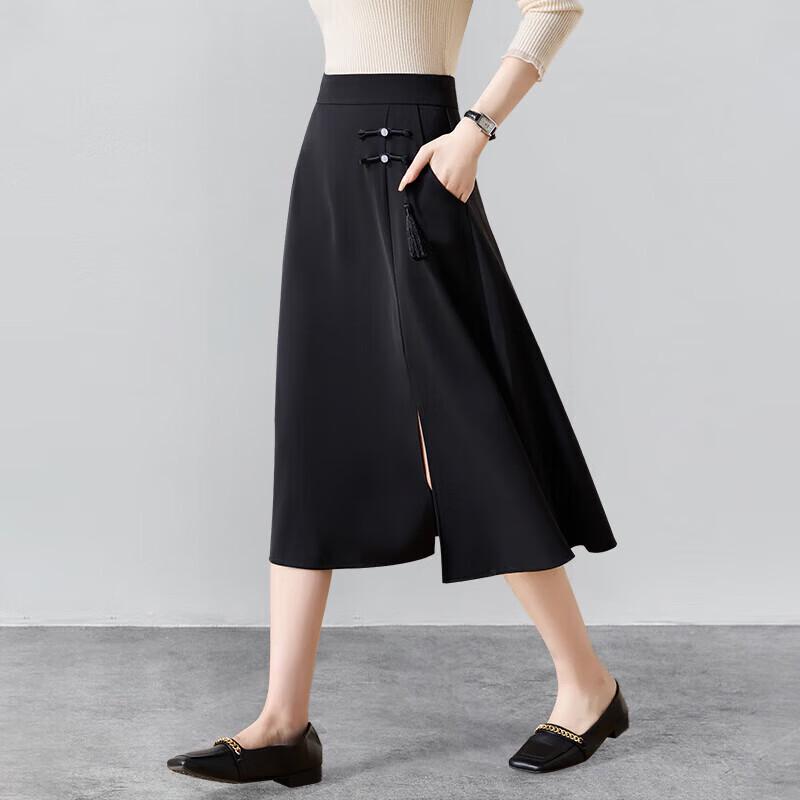 Elegant New Chinese Style A-Line Midi Skirt