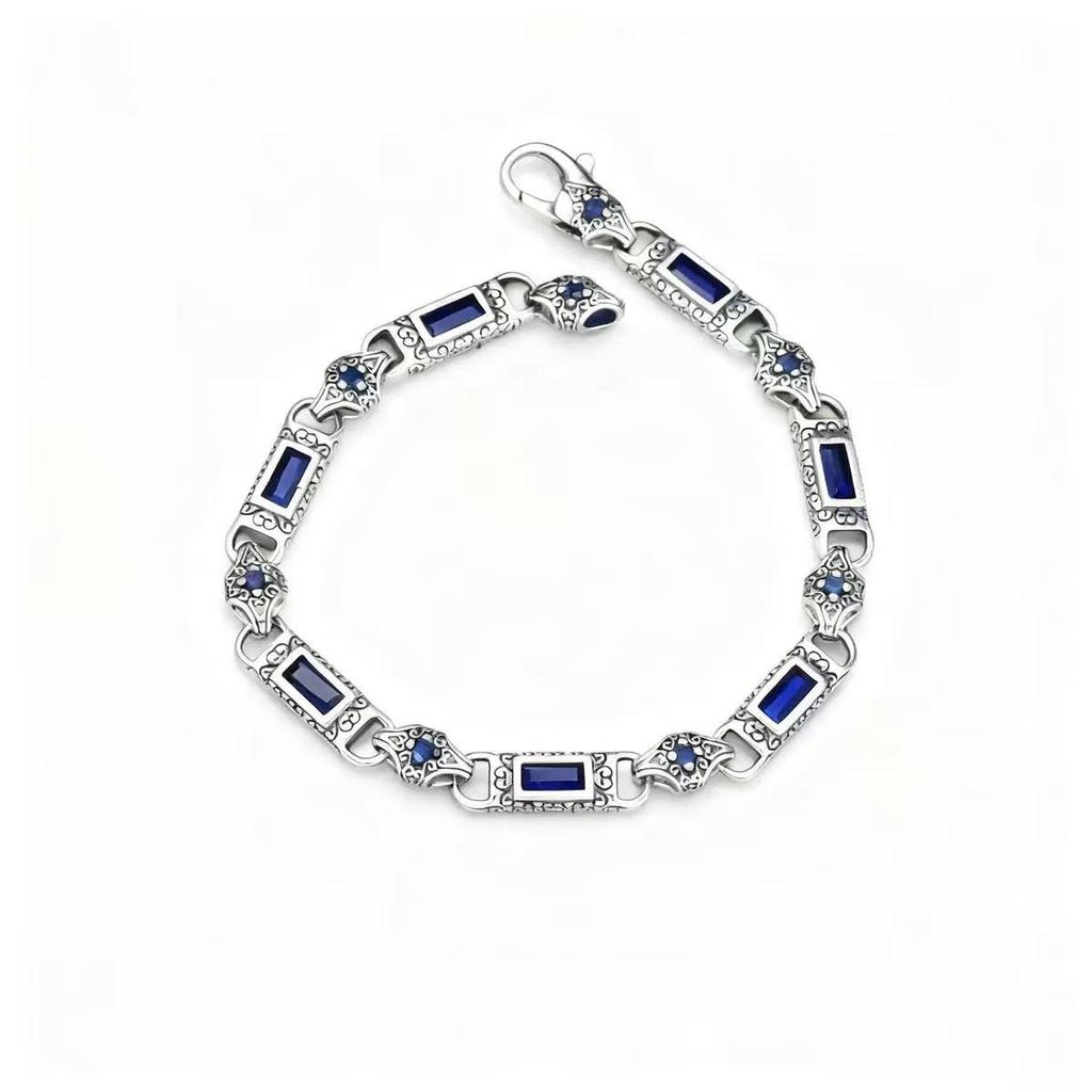2026 Herren- und Damen-Türkischer Stil Steinbesetzt Tang-Grasmuster Blauer Diamant Armband Retro Literarisch und Kunst Fan Alt Personalisierter Schmuck