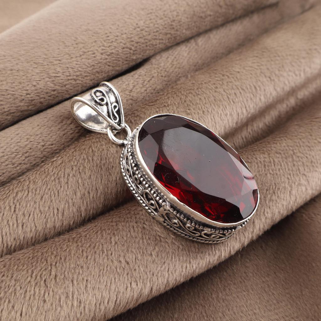 Mozambique Garnet Gemstone Silver Pendant 1.8" , 925 Sterling Silver Handmade Vintage Pendant For Women PP-71-3