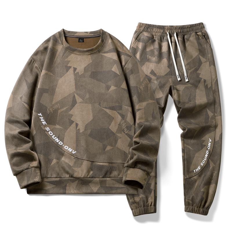 Eğlence Spor Takım Elbise Erkek İlkbahar ve Sonbahar Yuvarlak Boyun Kazak Gevşek İki Parçalı Set