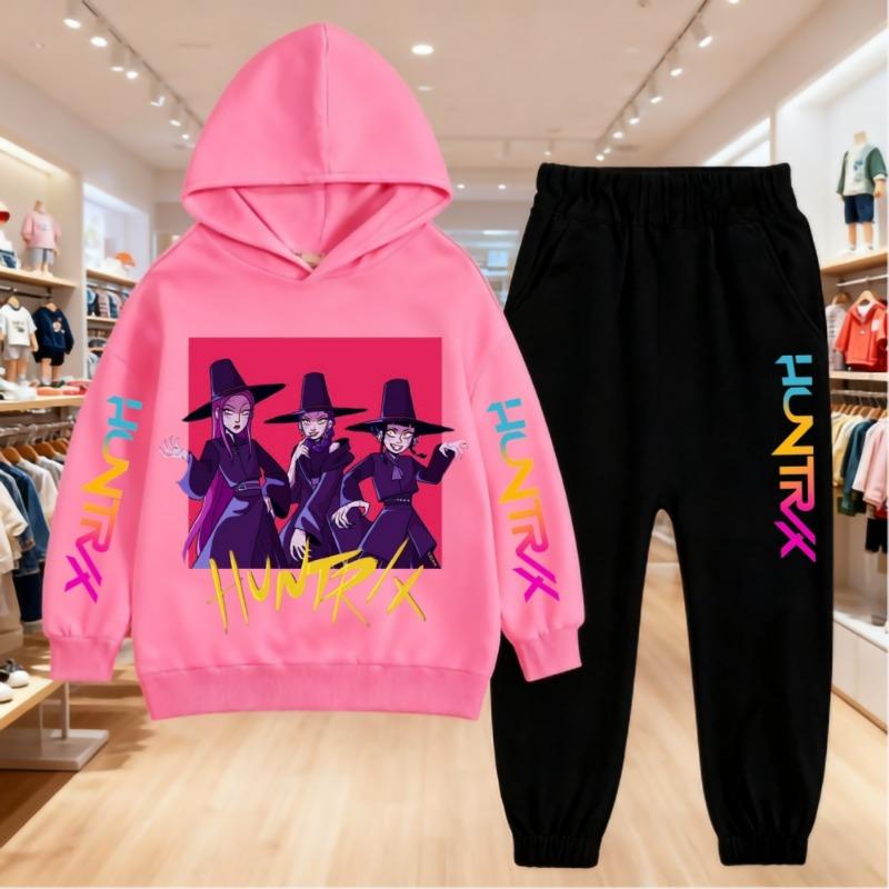 KPop Demon Hunters Printing Hoodies Sets Kids Clothes Children Hoodie+pants Suitable 3-12 Years Boys Girls Pink Black Sweatshirt