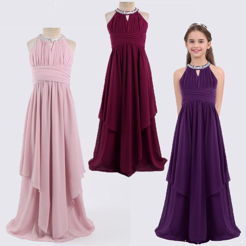Girls Formal Dress Kids Sleeveless Halter Chiffon Dress for Birthday Party Ball Gown Wedding Bridesmaid Floor Length
