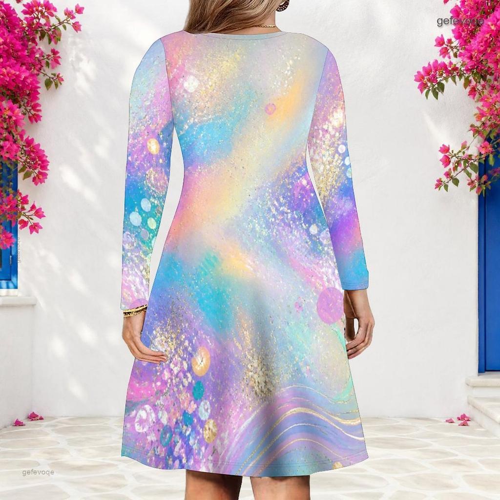 Women Plus Size V Neck Long Sleeve Printed A Line Dress Black Blue Purple Green