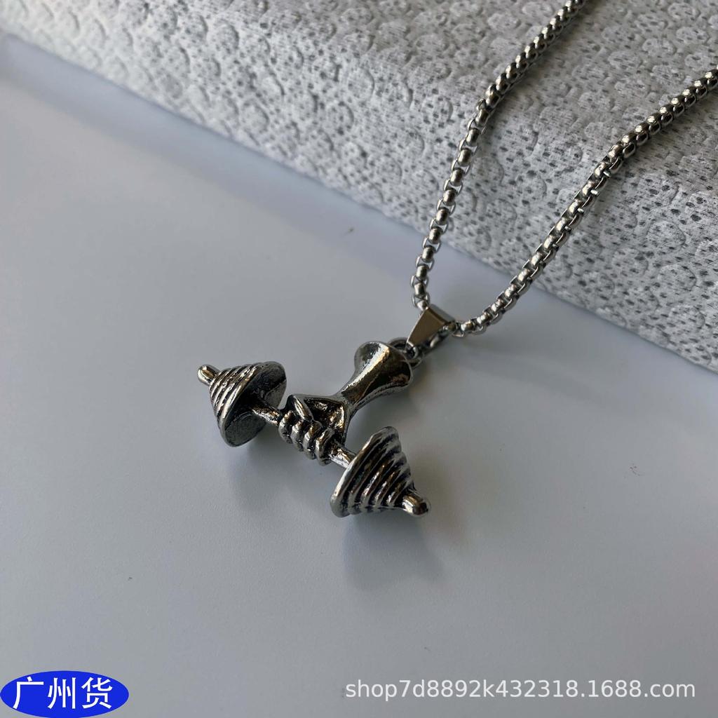 Fashion Hip Hop Style Guochao Necklace Personalized Titanium Steel Sweater Chain, Alloy Dumbbell Pendant
