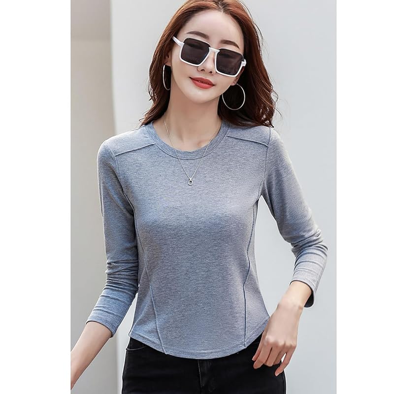 [OKJCON] ladies t-shirt long sleeve spring Plain color casual Fashionable large size (JP, alphabet, L, gray)