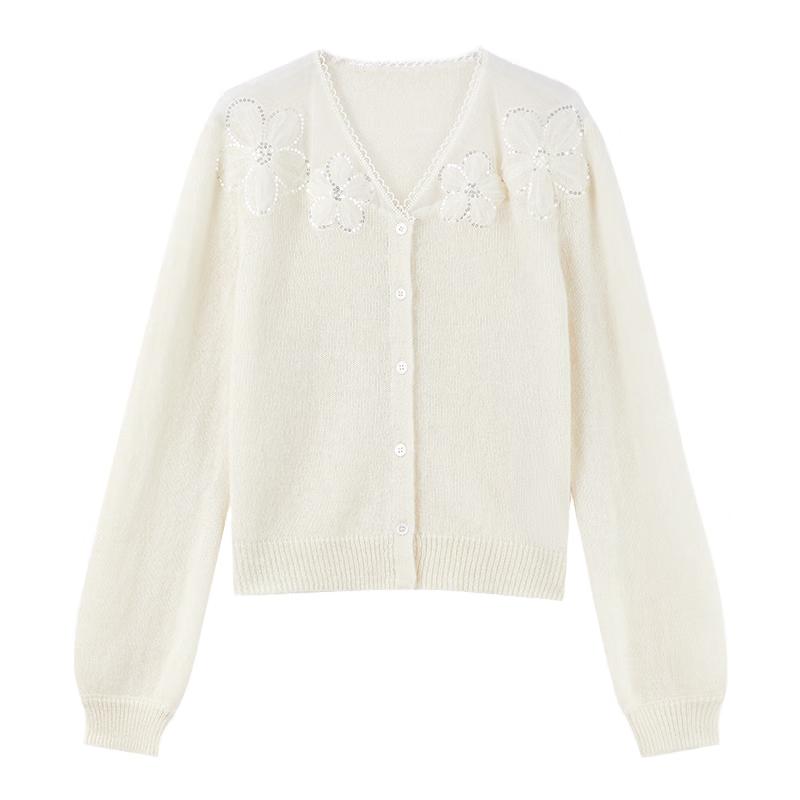 

Elegant V-Neck Knitted Cardigan with 3D Floral Embellishment M