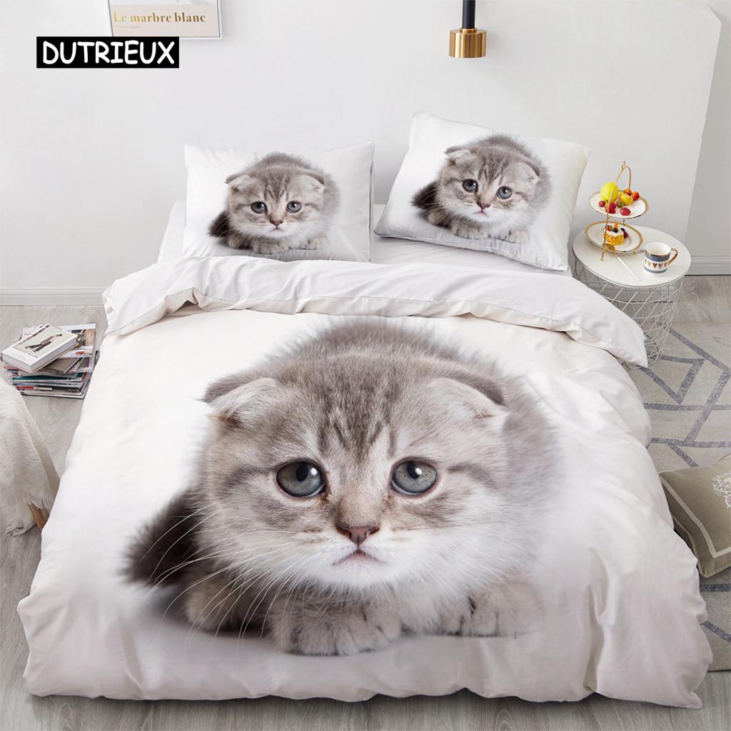 Uroczy 3D Zwierzę Kot Pościel Biały Poszwa na Kołdrę Motyw Domowy dla Dzieci Dziewcząt Kobiet Mężczyzn Prezenty Sypialnia Dekoracja Domu
