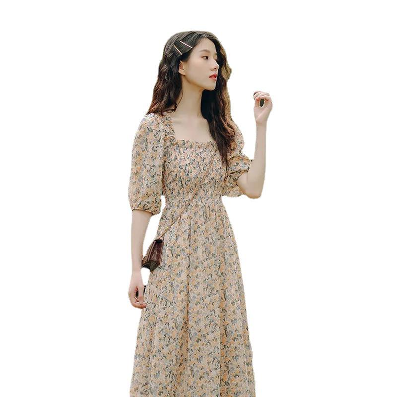 2023 Summer Korean Square Neck Floral Chiffon Dress - Ruched High Waist with Puff Sleeves