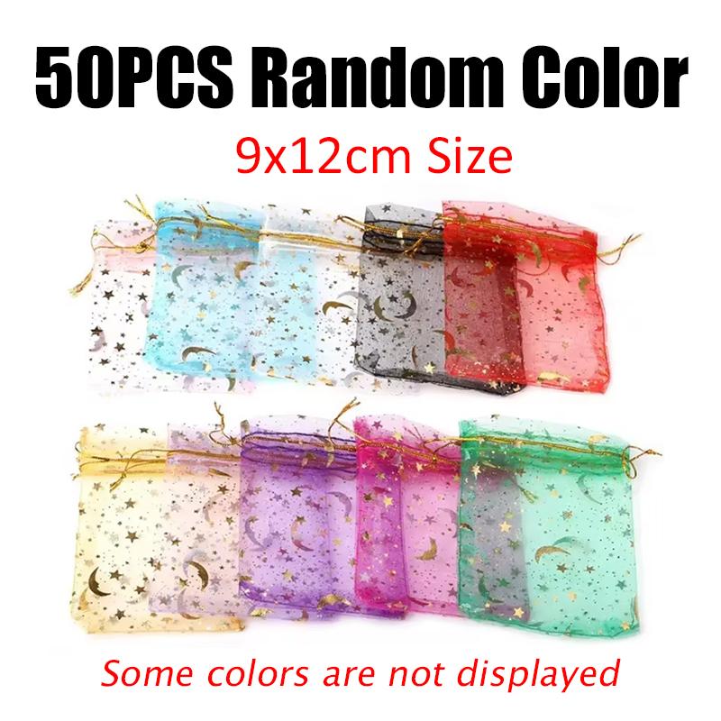 50PCS Gold Silver Stamping Moon Star Drawstring Bag Gift Package Pouche Bag Suitable for Festival Wedding Party Gift Storage ZYF