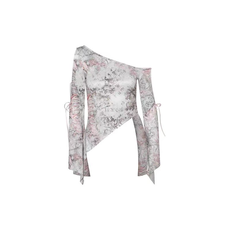 

Iamgia Fashion Y2g Sexy Ribbon Jacquard Print Sexy Lace-up Asymmetric Shoulder Bell Sleeve off-Shoulder Tops Picture Color S