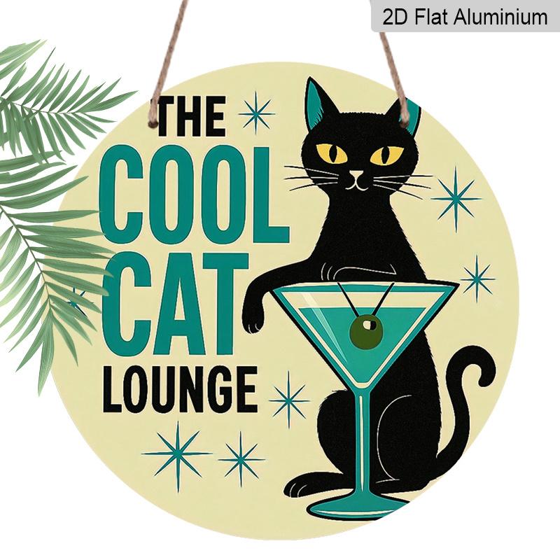 

[Cool Cat Lounge Sign] 2D Flat, 2D Flat Metal Sign-The Cool Cat Lounge, Black Cat with Martini Glass Design, Yellow Background with Blue Stars 7.87*7.87 in