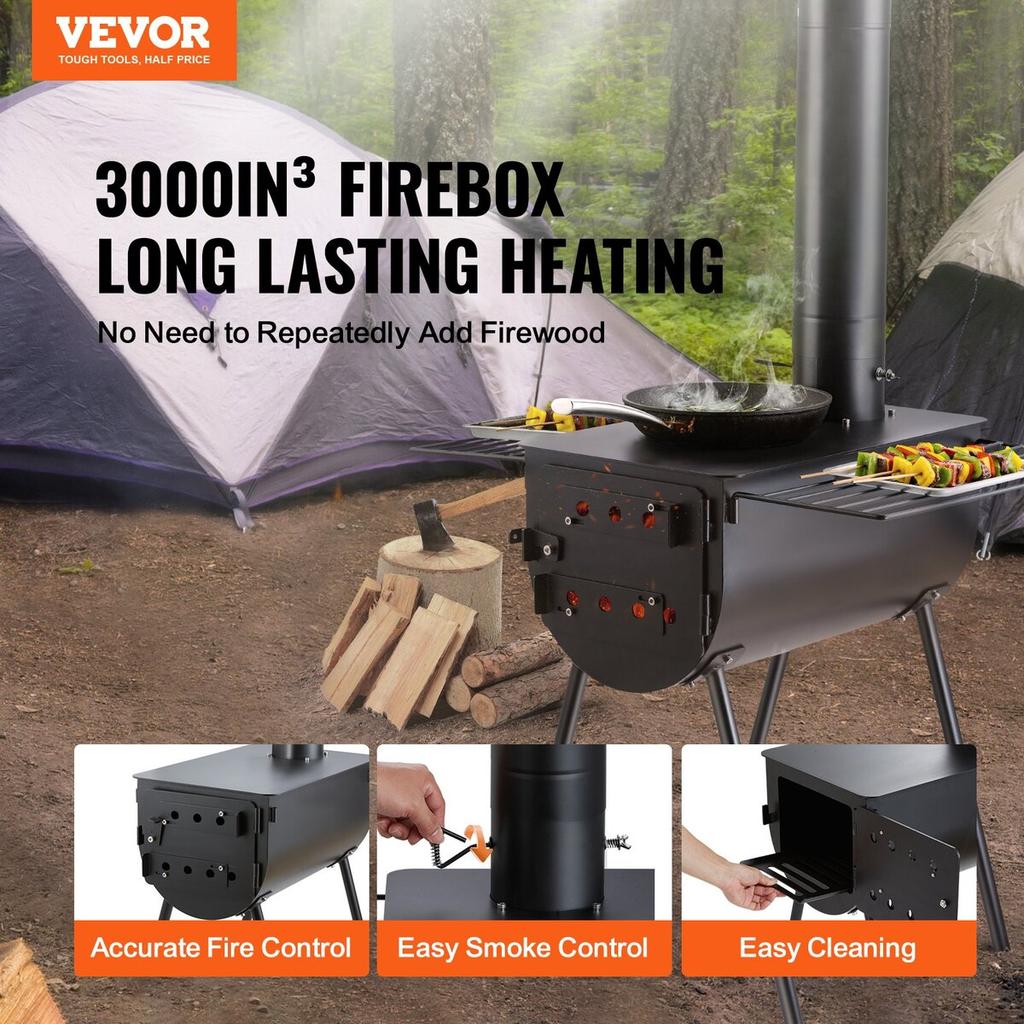 Wood Stove, 118 Inch, Alloy Steel Camping Tent Stove, Portable Wood Burning Stove with Chimney Pipes & Gloves, 3000in³Firebox Hot Tent Stove for