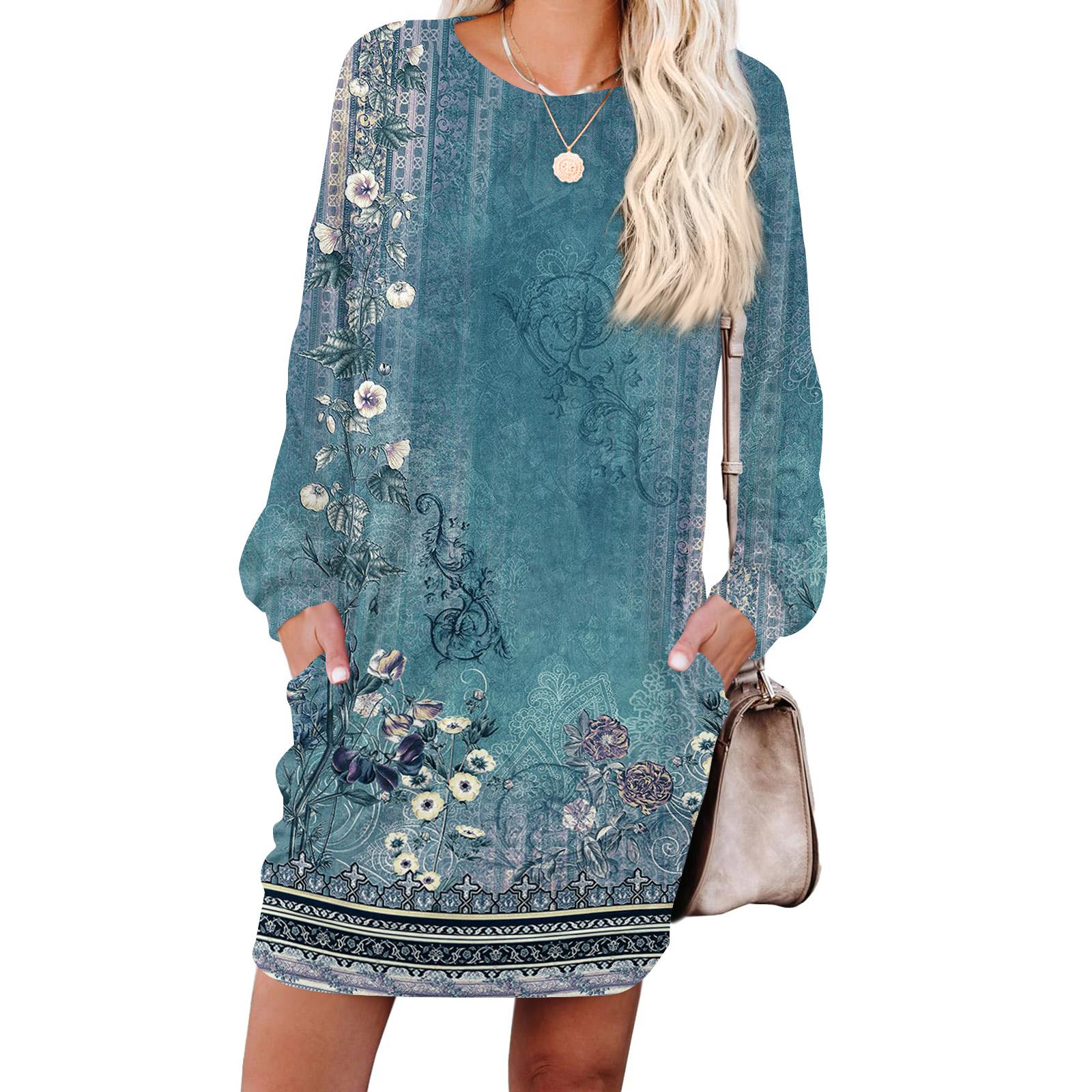 Women s Retro Printed Fashionable Long-sleeved Round-neck Pocket Dress L