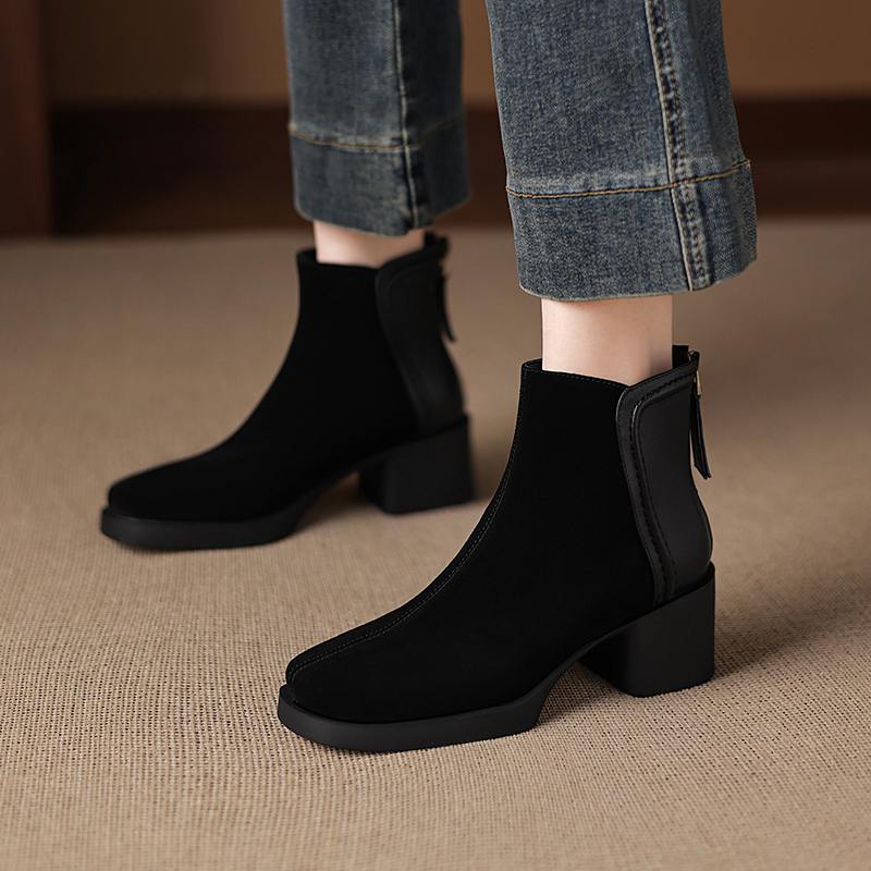 Krazing Pot Cow Suede Nubuck Winter Round Toe Modern Boots Med Heels Zipper Patch Work Women Ankle Boots