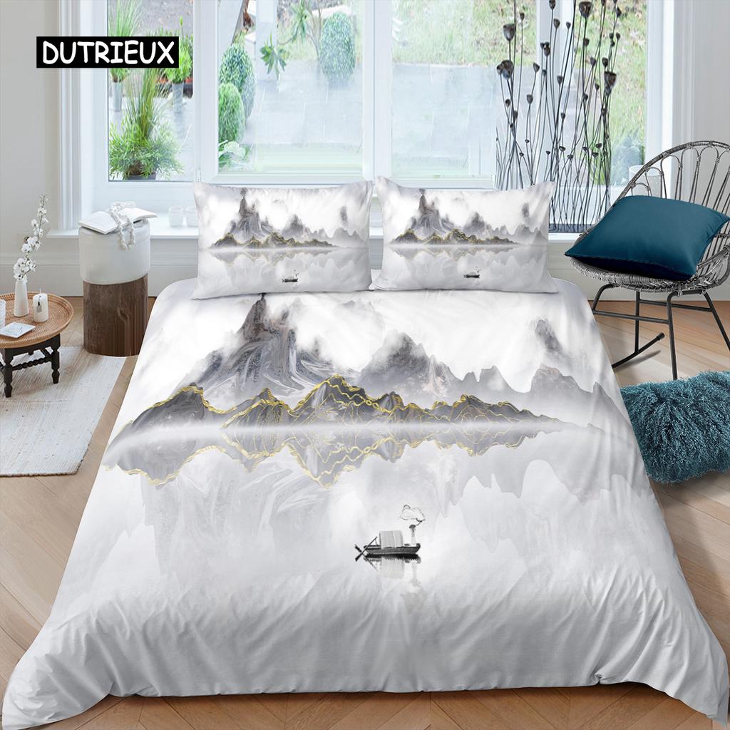 Natural Landscape King Queen Duvet Cover Comic Ink Painting Style Bedding Set Adults Tree Mountain River Polyester Quilt Cover
