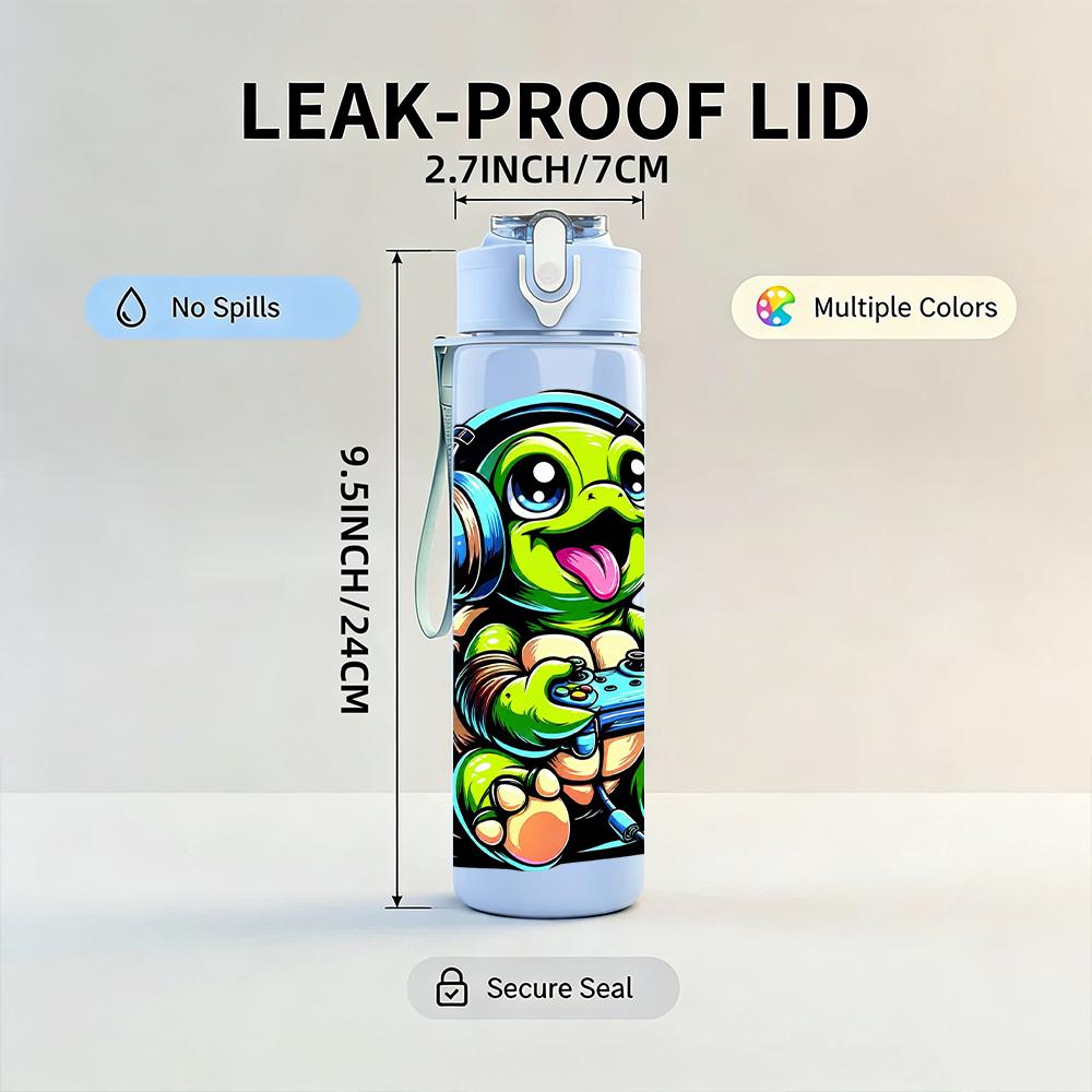 1PZ Tartaruga Giocosa Figura Cartone Animato 750ml Bottiglia d'Acqua in Plastica Colorata Tappo Ermetico con Cannuccia a Flip Per Sport Ufficio Uso Domestico