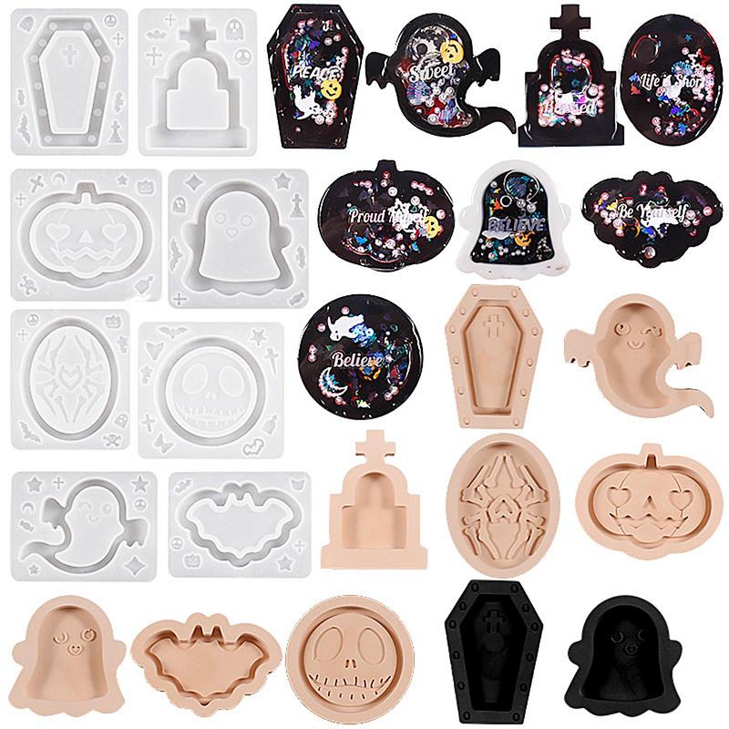 4PCS Halloween Skulls Quicksand Shaker Silicone Mold DIY Resin Casting Mold Tombstone Soft Coffin Mold Flexible Crafts Mold