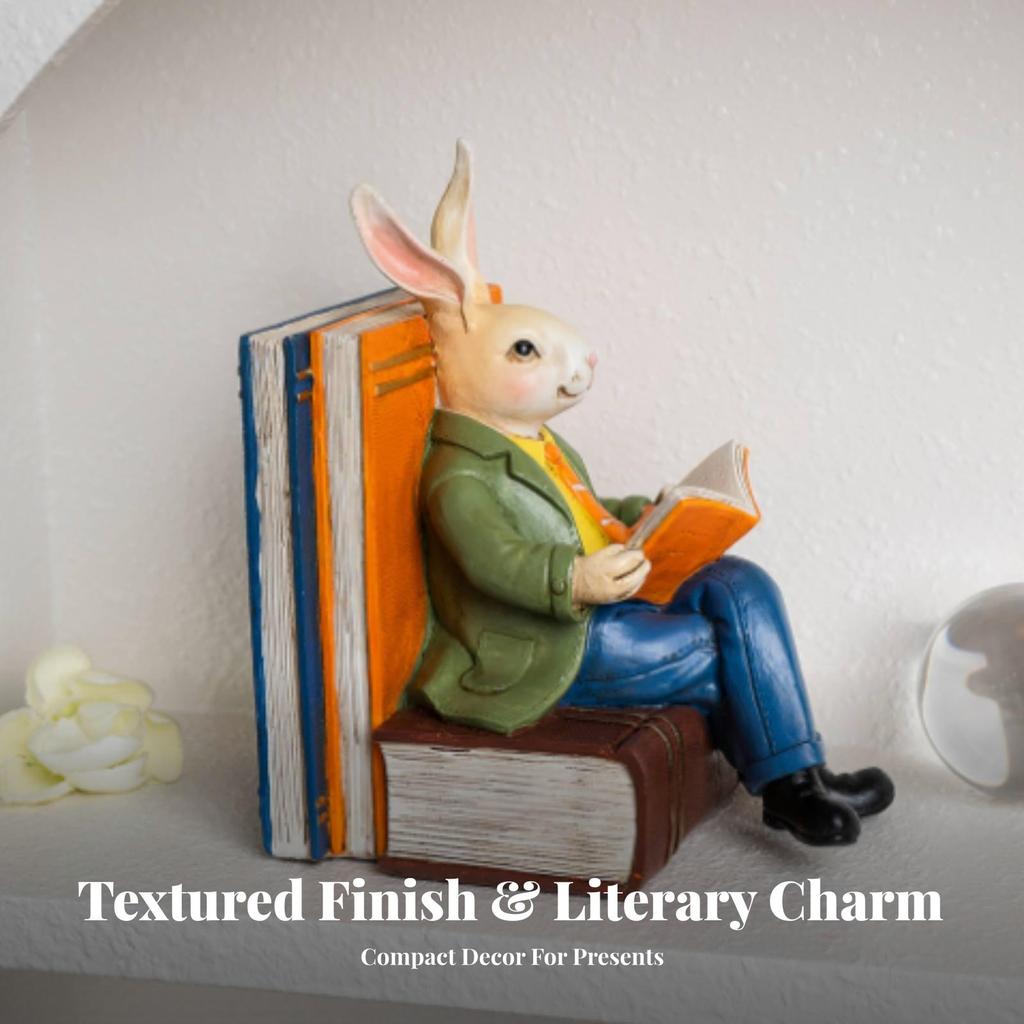 Rabbit Figurine with Books Whimsical Decor Gold for Reading Nook, Avid Readers
