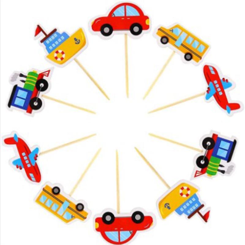 10Pcs Cartoon Car Transport Cupcake Topper Food Picks Kids Birthday Party Favors