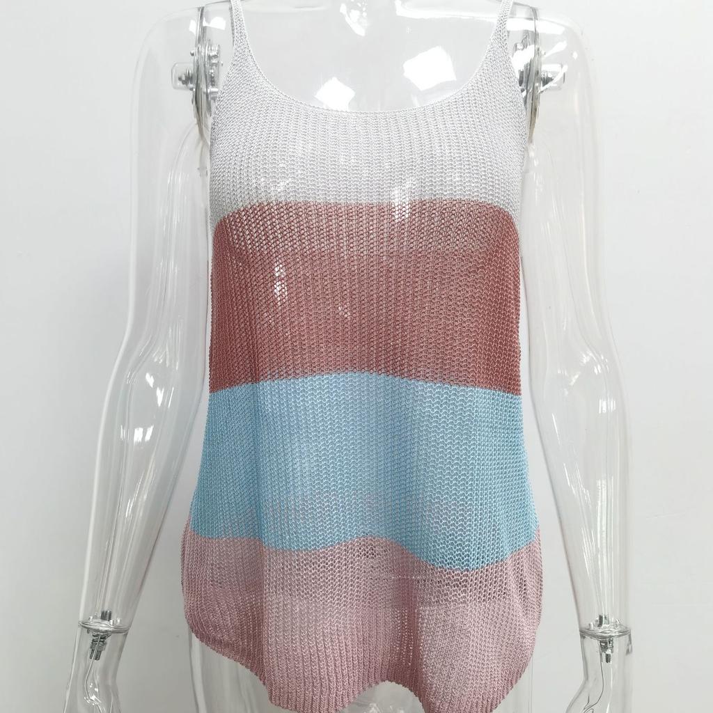 2026 Summer Women's Color Block Knit Tank Top, Round Neck Sleeveless Crochet Vest Cami for Casual Beach & Daily Wear