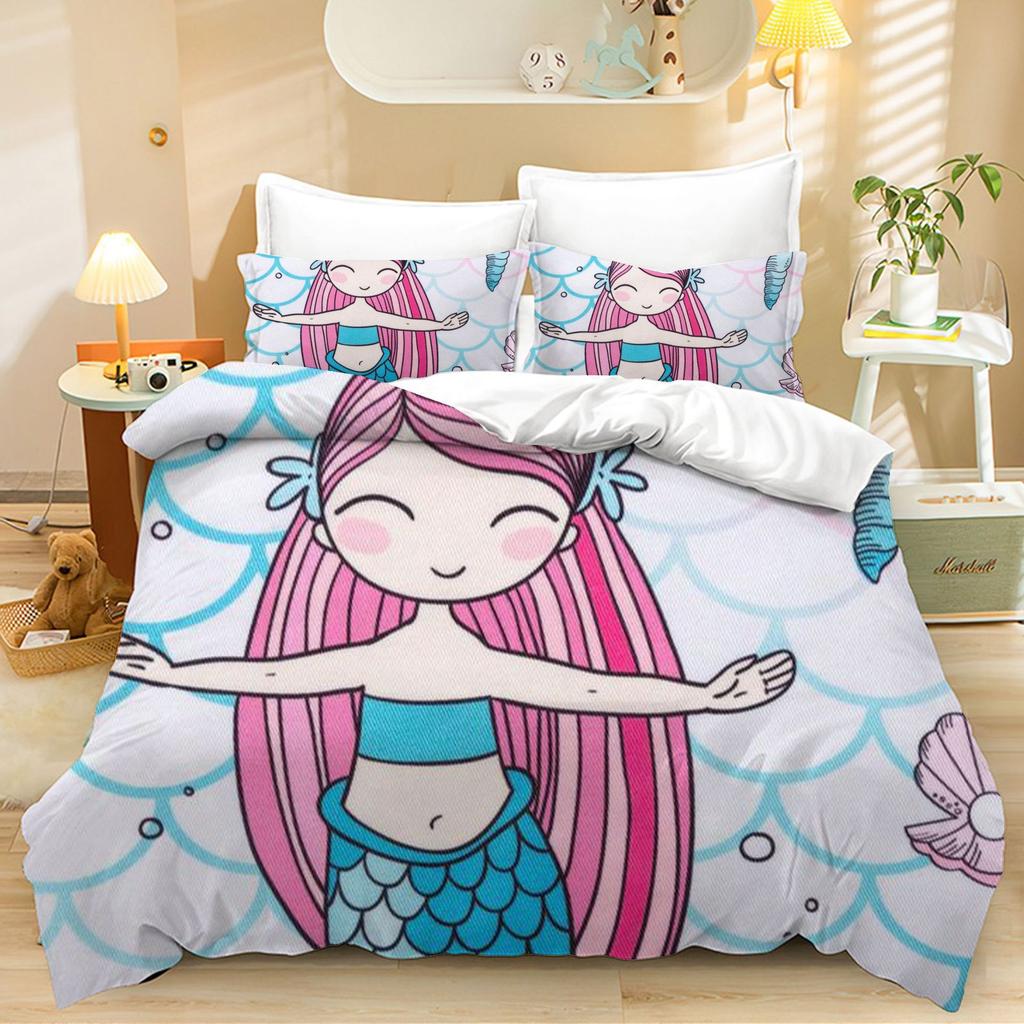 Home Textile Bed Three-Piece Set Simple Mermaid Digital Printing Quilt Pillowcase Bedding