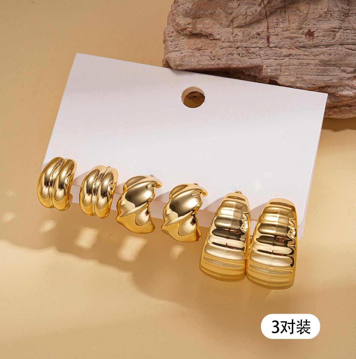 Six-piece geometric C-shaped pattern steel needle earrings, fashionable cold wind and environmentally friendly earrings