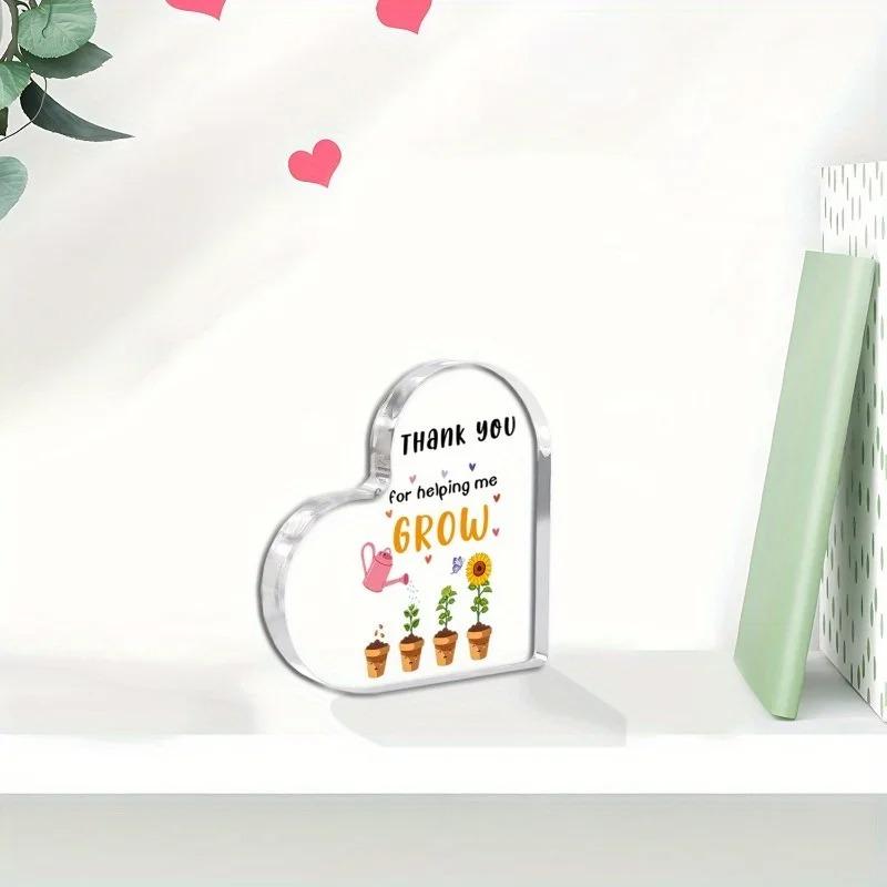 2D Flat "Thank You for Helping Me Grow" Heart-Shaped Acrylic Teacher Appreciation Gift Desktop Decoration Plaque, Home Decor Plaque Hanging Wall Art D