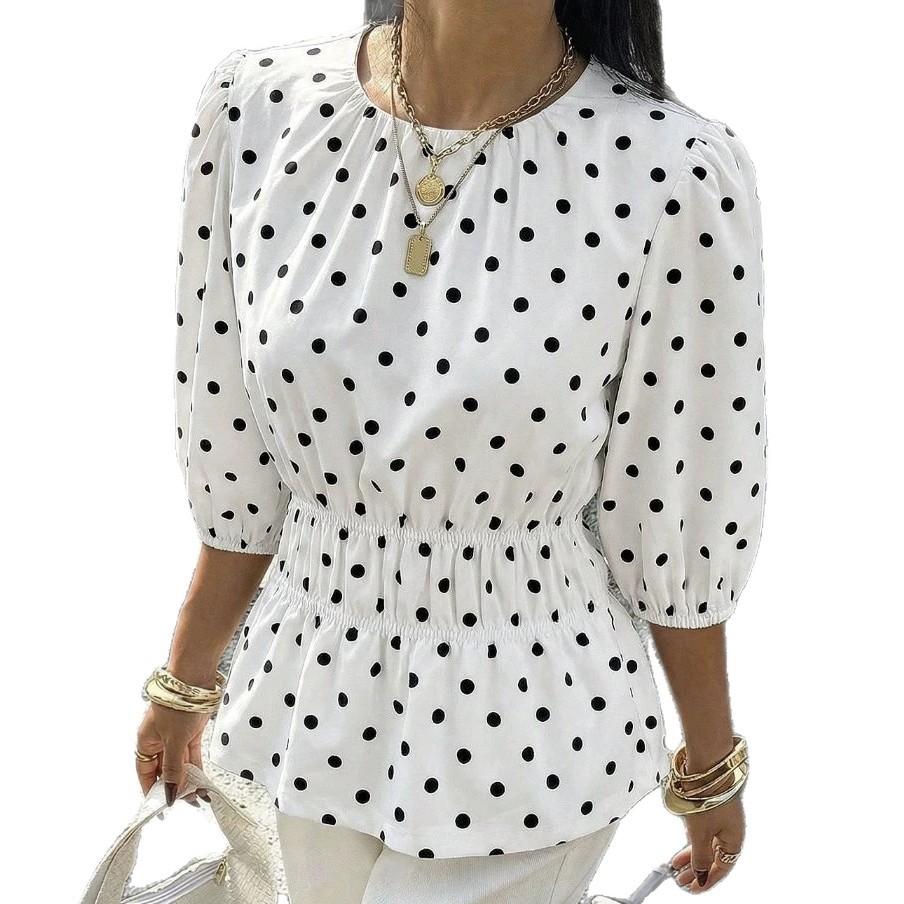 European and American new polka dot versatile French sweet top v-neck slim-fit commuting fashion short-sleeved thin shirt