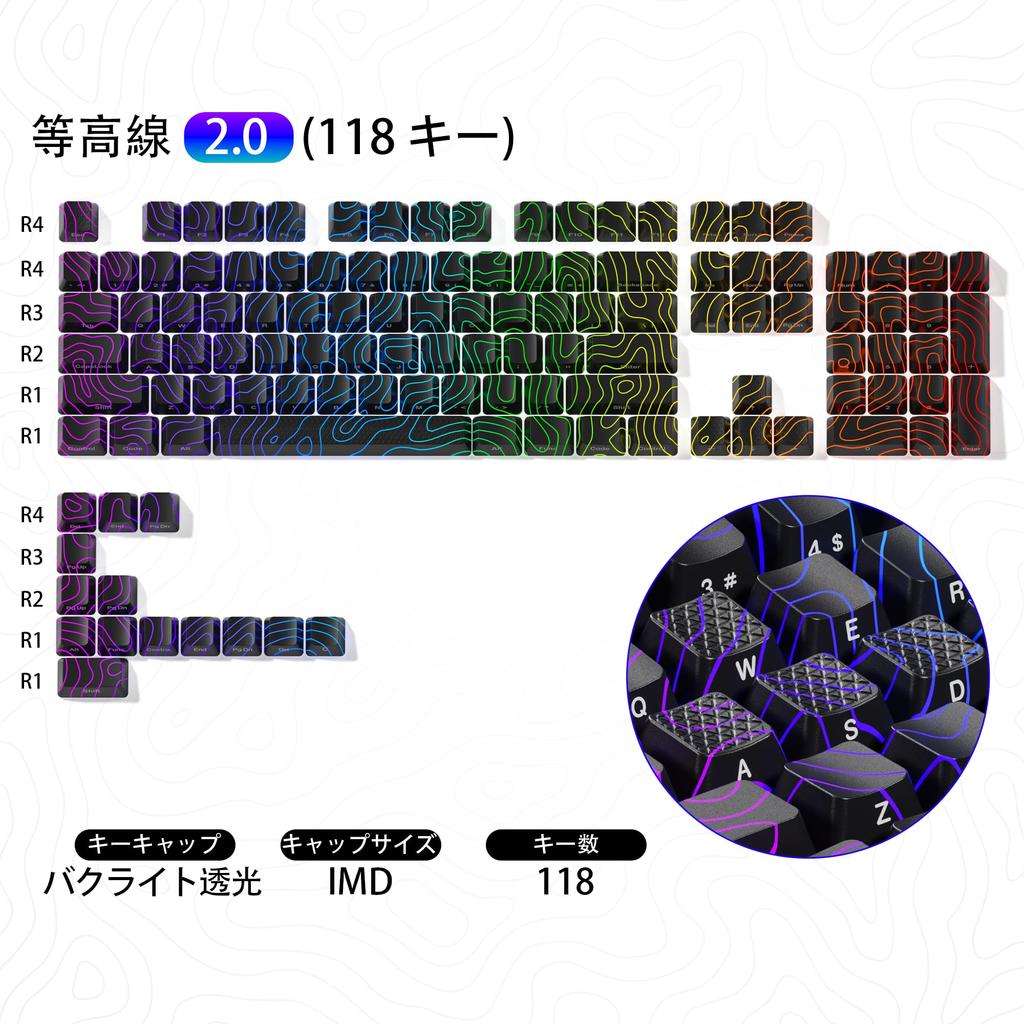 XVX Topographic Design Contour Transparent IMD Custom OEM MX Keyboard Gaming Black 2.0 Keycaps, Engraving, Profile, Cherry/Gateron Compatible,