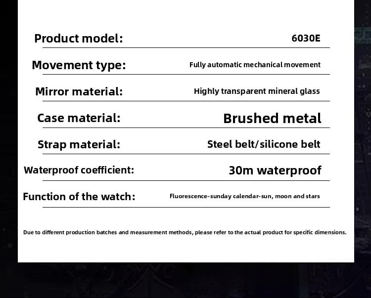 Automatic Men's Mechanical Watch for Sports 30M Water Resistant Stainless Steel Band Moon Phase Fluorescent Pointer Dial