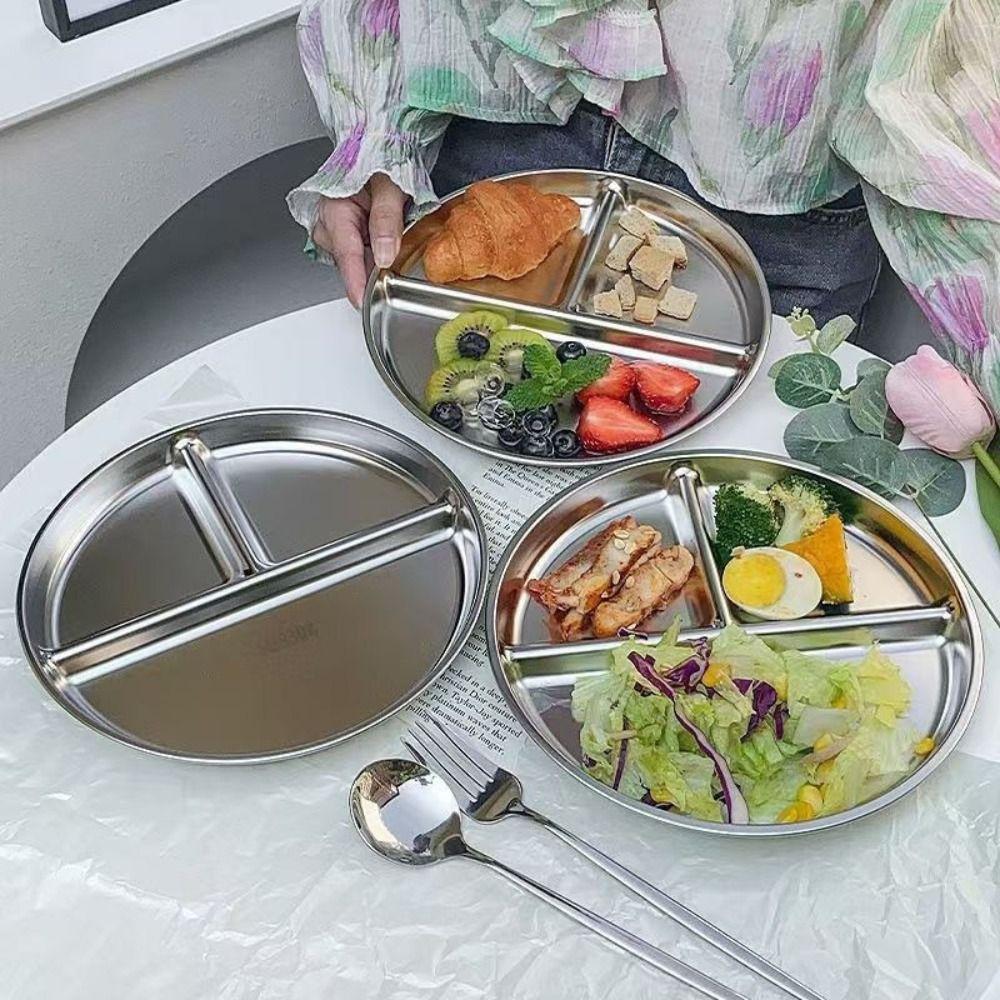 304 Stainless Steel Divided Plates 9" Inch Food Trays Salad Barbecue Plate  for Adults Kids
